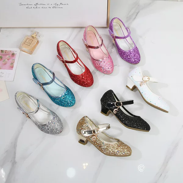 Cross-border Amazon Girls High Heels Children's Leather Shoes Korean Princess Shoes Sequin Student Dance Shoes Spring and Autumn Shoes