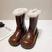 美拉德韩国女童洋气时尚中筒雪地靴2024新款儿童皮面毛绒保暖皮靴