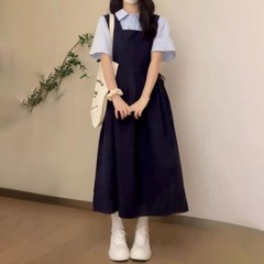 学院風甘美減齢背帯ワンピース女子学生夏韓国版腰を収めて痩せて見えるベストスカート2点セット