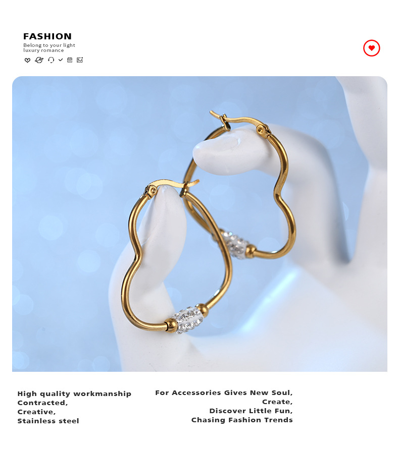 INS Style Heart Shape Stainless Steel Inlay Zircon Earrings 1 Pair