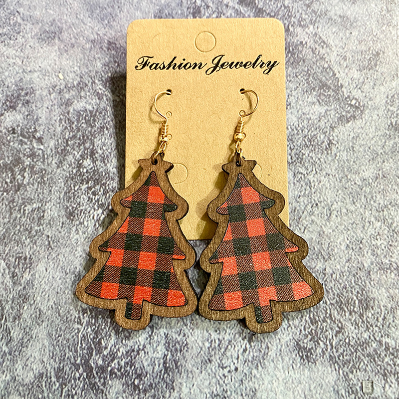 1 Pair Retro Christmas Tree Plaid Wood Drop Earrings display picture 2