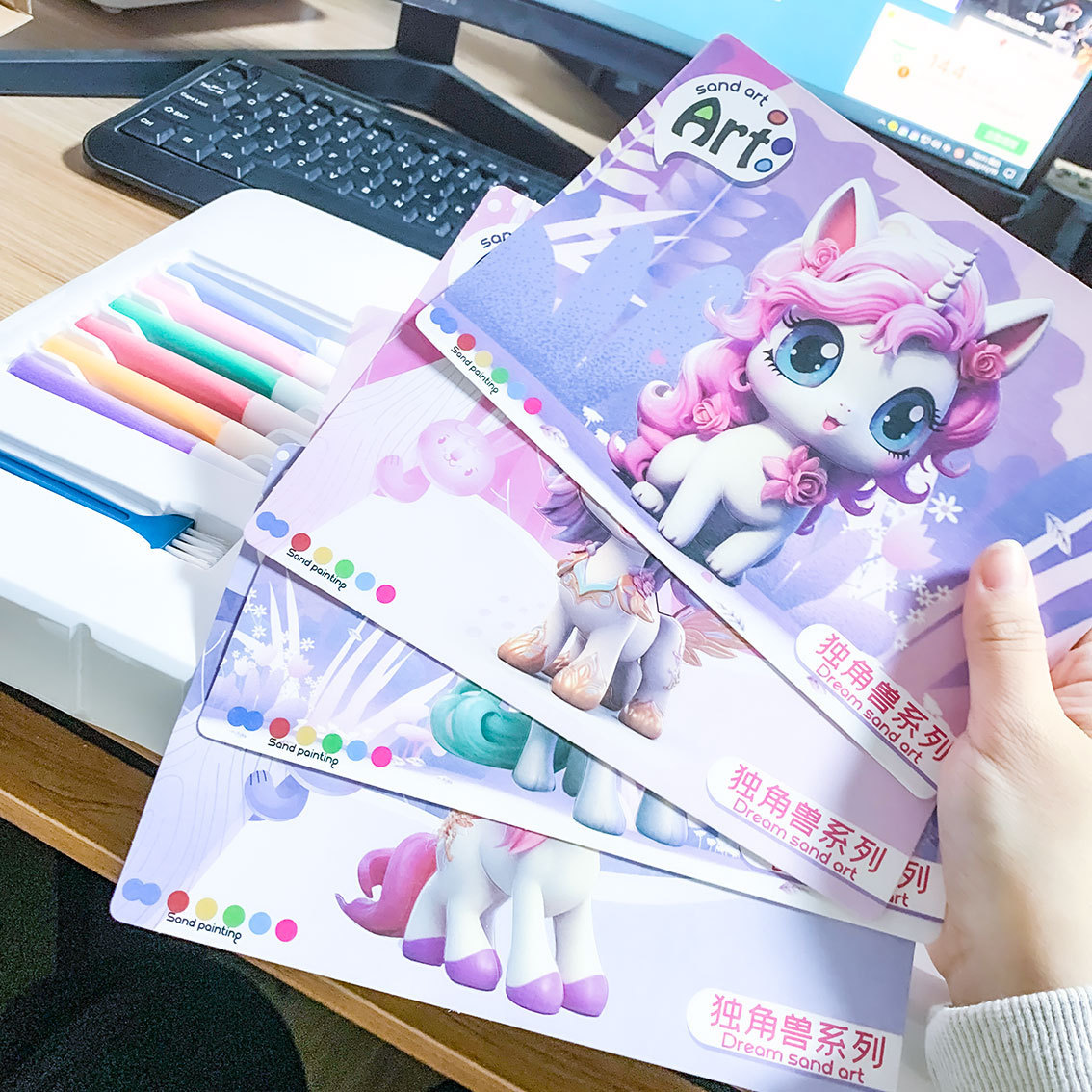 Dibujos Animados 3D unicornio DIY educativo hecho a mano pintura de arena niños colorear traje de arena de color pintura AGENCIA DE INSCRIPCIÓN regalo