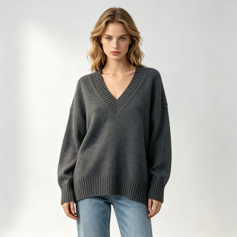 Amazon cross-border women's knitted sweater top, autumn and winter vintage oversized casual V-neck pullover sweater