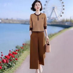 巨好看一整套2025春秋新款洋气撞色薄款圆领针织衫女直筒裤两件套