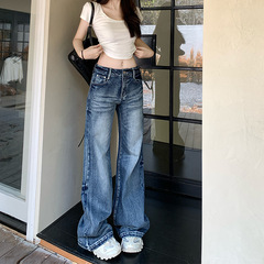 复古微喇牛仔裤女2025新款美式高街低腰宽松直筒阔腿拖地喇叭裤子