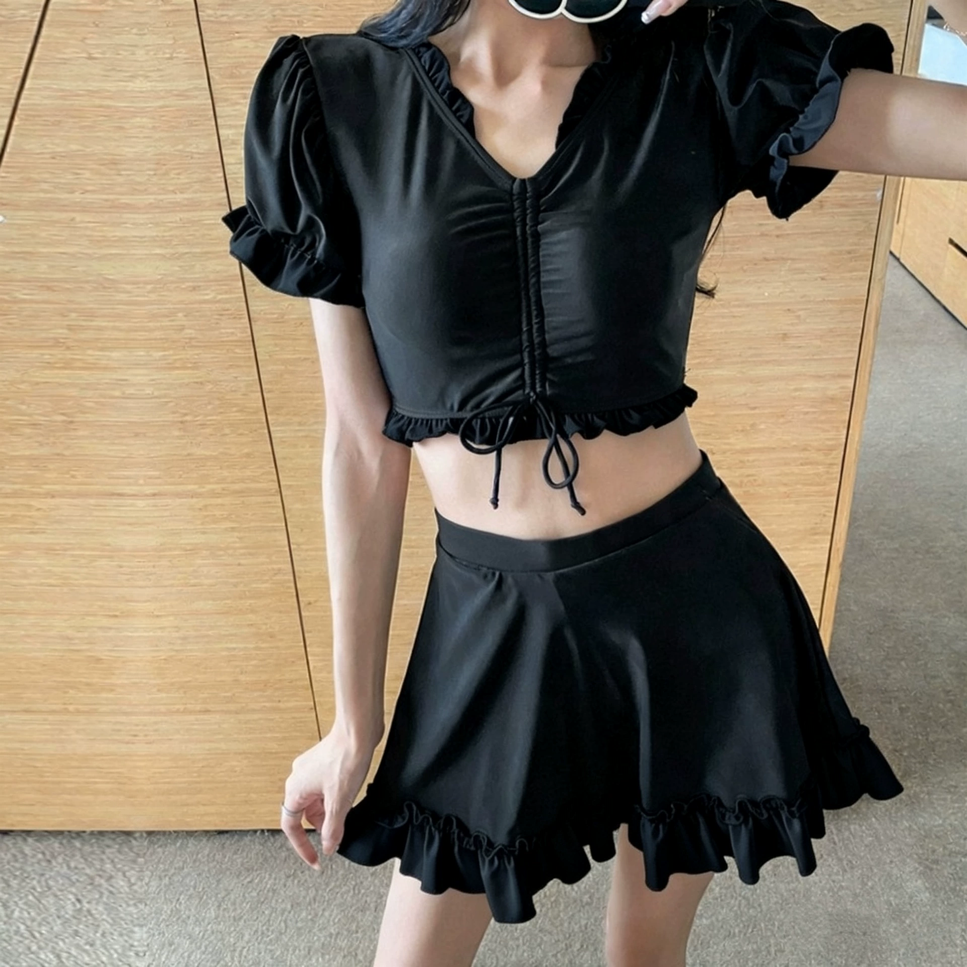 Women's Two-Piece V-Neck Swimsuit Skirt, College Style, 2–10 Size Range, Black & B/W Options