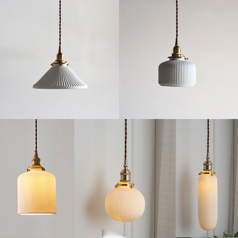 日式復古黃銅吊燈北歐簡約餐廳吧檯書房創意臥室床頭百褶陶瓷吊燈