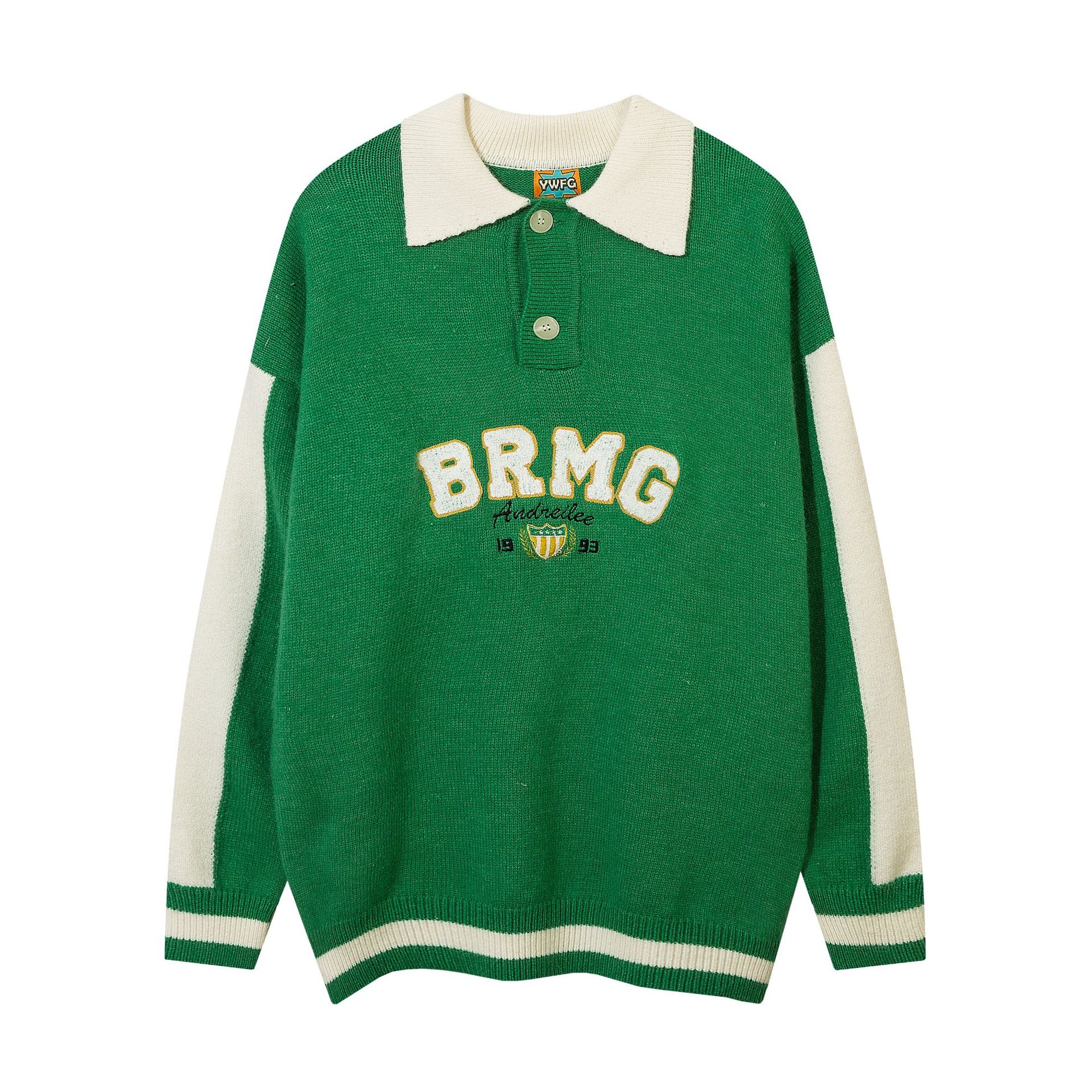 Suéter de punto POLO de estilo americano de la marca original YWFG, con diseño retro de letras jacquard, tendencia nacional para parejas en otoño e invierno.