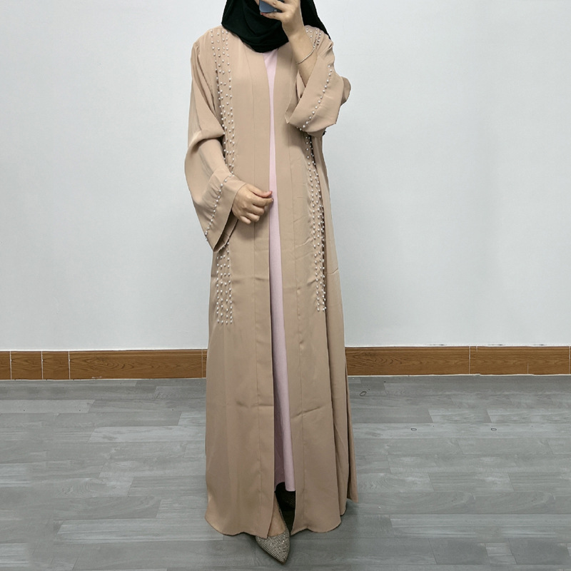 F326 Cross-Border Foreign Trade Middle Eastern Women's Long Dress, Dubai Pearl Embellished Elegant Cardigan Robe,_ecoleips.com