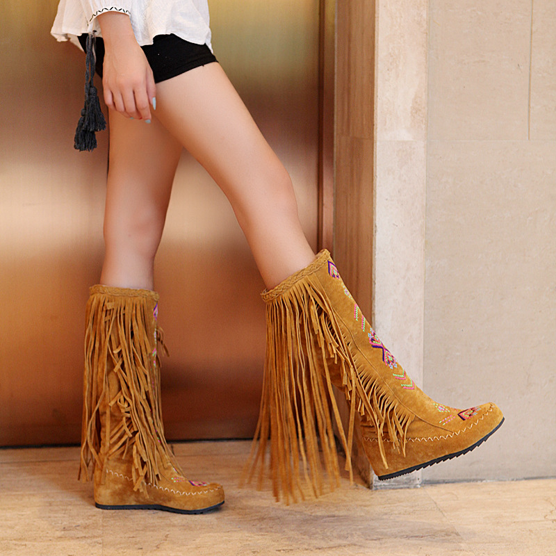 40-48 Foreign Trade Cross-border Large Size Spring Women's Boots Bohemian Tassel Embroidered Flat High Boots Boots H47