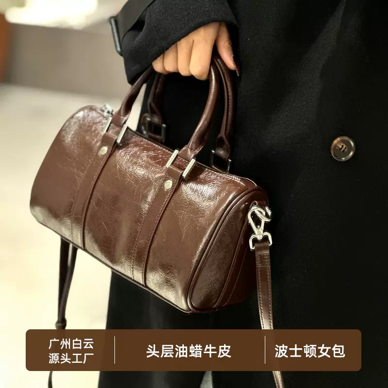 佰缔皮具女包头层油蜡牛皮圆筒包通勤包包单肩斜挎包手提波士顿包