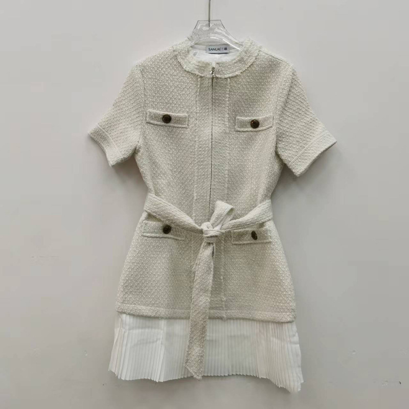 European Style Spring and Autumn Tweed New Vintage Round Neck Solid Color Belt Zipper Slim Elegant Dress for Women