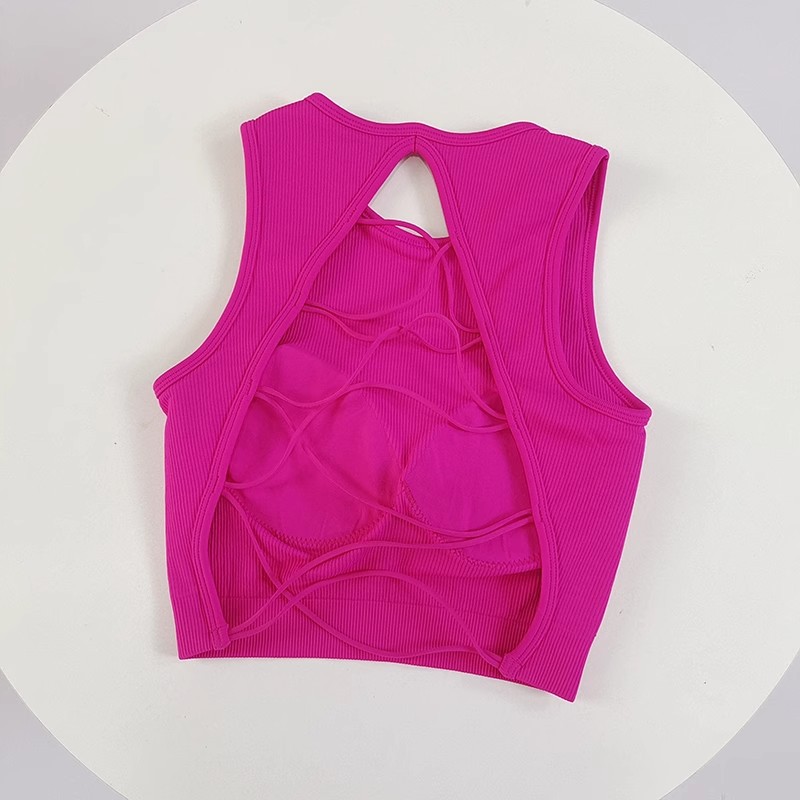Hermoso chaleco de yoga con cordones cruzados, ropa interior deportiva de copa fija para mujer, ropa deportiva para correr, top sexy