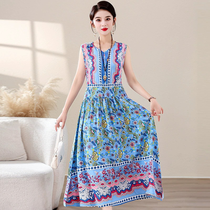 Юньнаньское этническое платье из хлопка и шелка для путешествий, отдыха на море, пляжная юбка, богемная длинная юбка с принтом