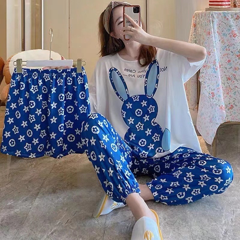 Pijama de verano de mujeres delgado en línea popular estilo coreano estudiantes dulces lindos vestidos para el hogar de mujeres se pueden usar con tres piezas
