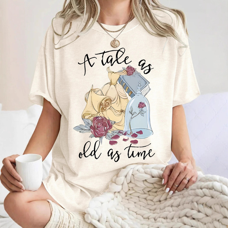 European and American Style In-Stock Round Neck Short-Sleeve Women's T-Shirt with Rose Flower Print, New Summer Comfortable T-Shirt, Cross-Border Hot Sale
