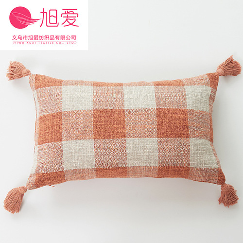 Xuai thickened new yarn-dyed cotton and linen texture striped plaid solid color tassel pillowcase wholesale in two sizes