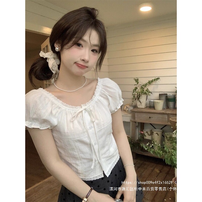 New short lace trim bubble shirt for petite women, summer slim-fit short-sleeve chic blouse, sweet top