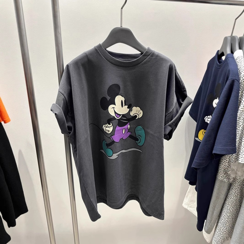 Walking Mickey Cartoon Mid-Length Pure Cotton Short-Sleeved T-Shirt for Women 2025 Summer New Ins Loose Casual Top Trendy