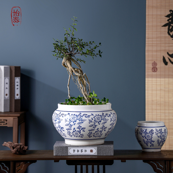 Blue and white ceramic flowerpot for home use for living room