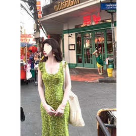 海边度假风复古绿色小飞袖碎花长裙超仙女蕾丝花边无袖连衣裙