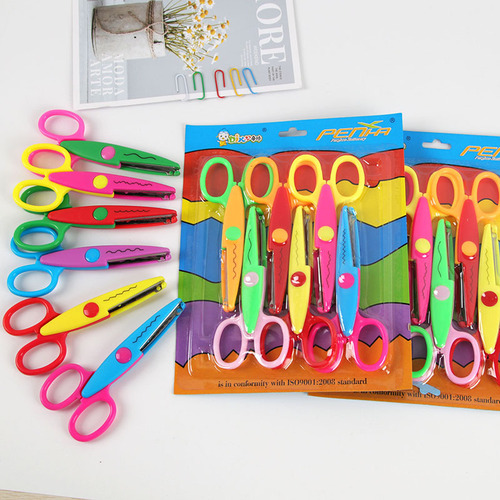 Paper-cut lace scissors set DIY photo album handmade safety children's plastic scissors 6-piece set student stationery wholesale
