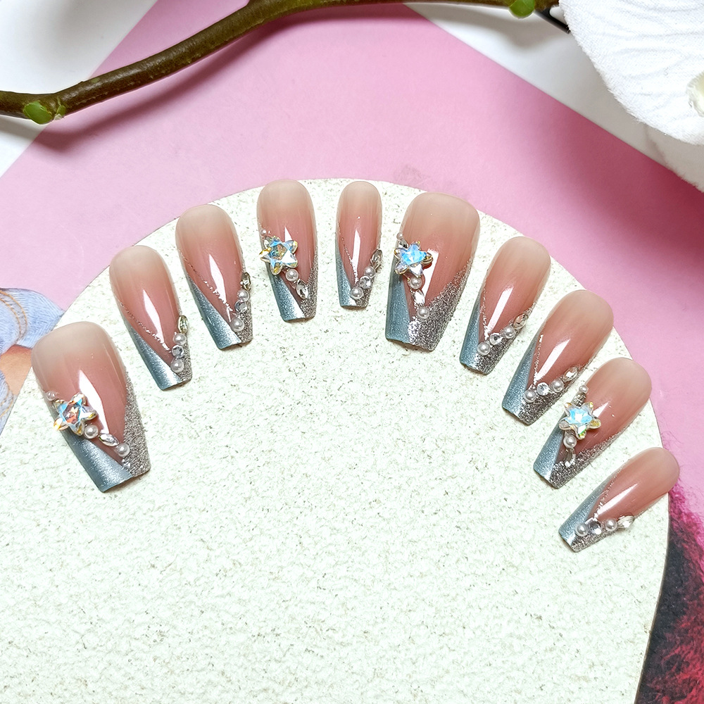 Juego de 10 piezas de puntas de uñas con forma de ballet, uñas postizas hechas a mano estilo francés con efecto estrella, uñas postizas iridiscentes con efecto ojo de gato y diamantes de imitación. image 5