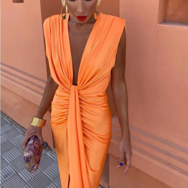 Cross-border European and American Women's AliExpress Explosions Satin V-neck Pleated Sleeveless dress Cross-border European and American Women's AliExpress Explosions Satin V-neck Pleated Sleeveless dress
