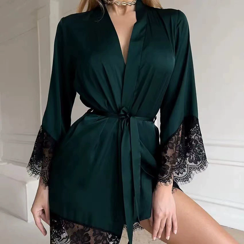 (Кросс-бордерная торговля), шелковый sexy пижамный комплект, кардиган, халат, европейский стиль, кружевное платье, плюс размер, оптом