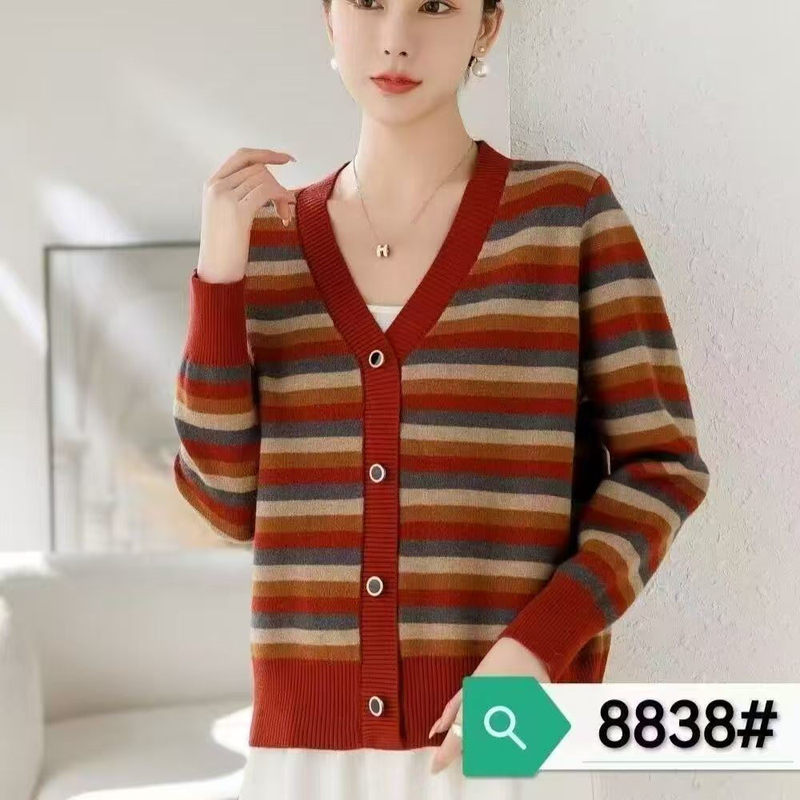 Striped Knit Sweater Cardigan for Women, New Autumn and Winter Fashionable Versatile Loose Slimming Color-Block Top Striped Knit Sweater Cardigan for Women, New Autumn and Winter Fashionable Versatile Loose Slimming Color-Block Top