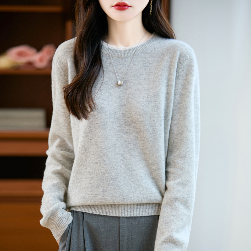 100%纯羊毛2025秋冬新款女式宽松圆领撞色短款套头上衣打底针织衫|undefined
