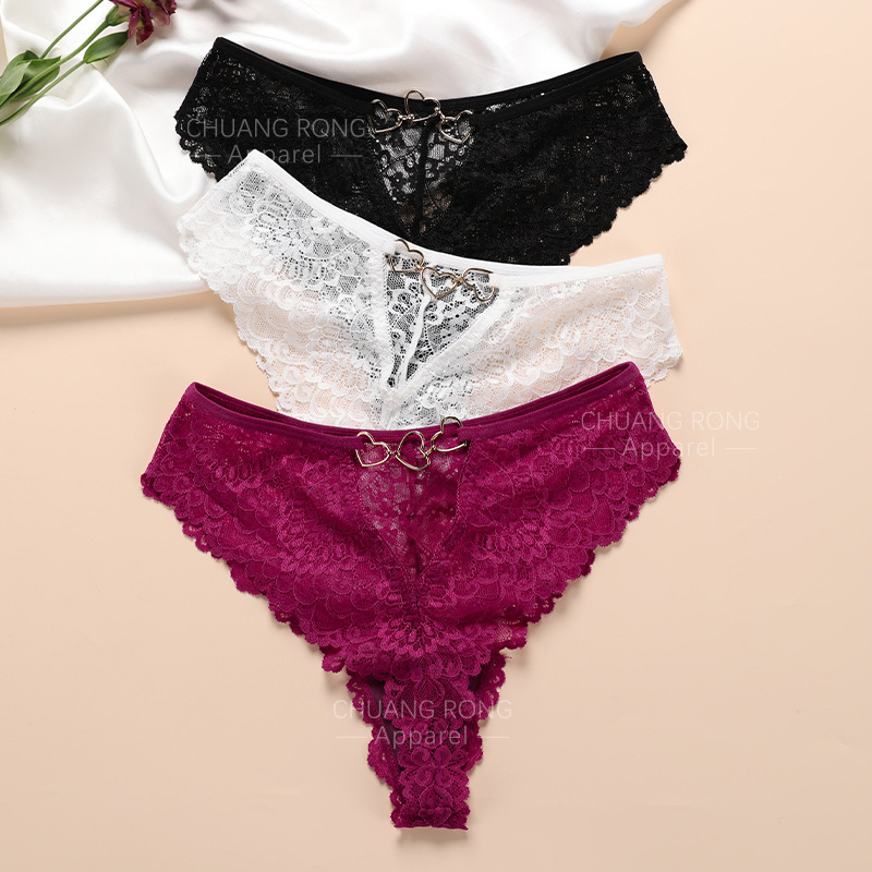 Plus Size Sexy Lace Panties for Women, Pure Cotton Crotch, Breathable, European and American Style, Exquisite Metal Buckle Decoration, Women's Sports Briefs