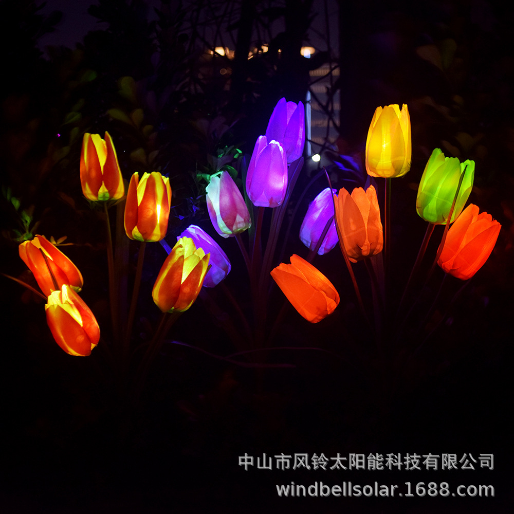 新款太阳能led郁金香花灯彩色变色仿真花5头郁金香户外花园草坪灯-阿里巴巴