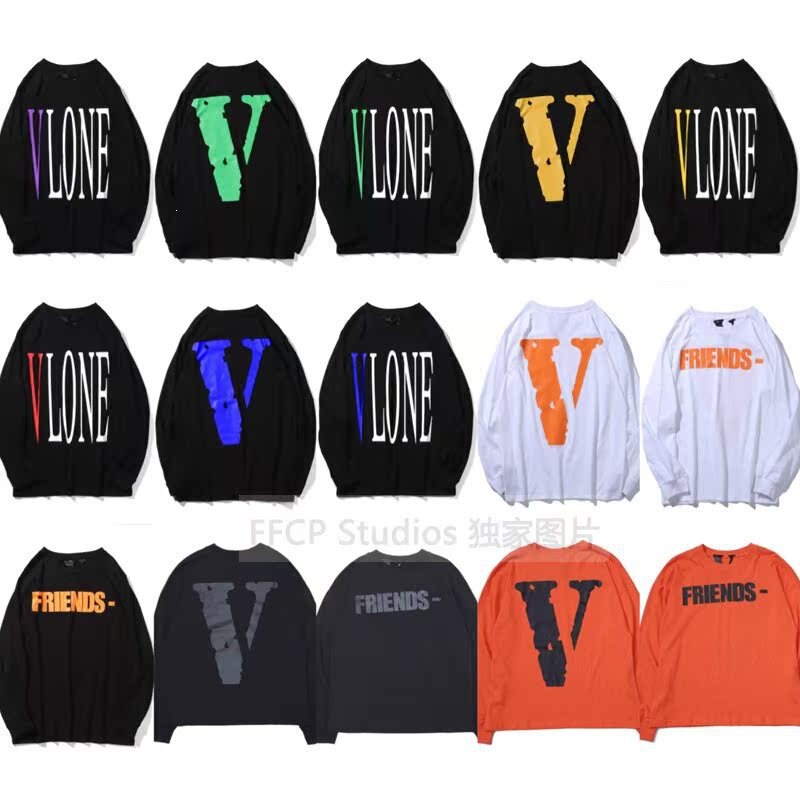 Vlone Fog Crew Neck Sweatshirt Spring and Autumn Couple's Loose Limited Edition Large V Long-Sleeve T-Shirt Thin Base Layer High Street Style Men's