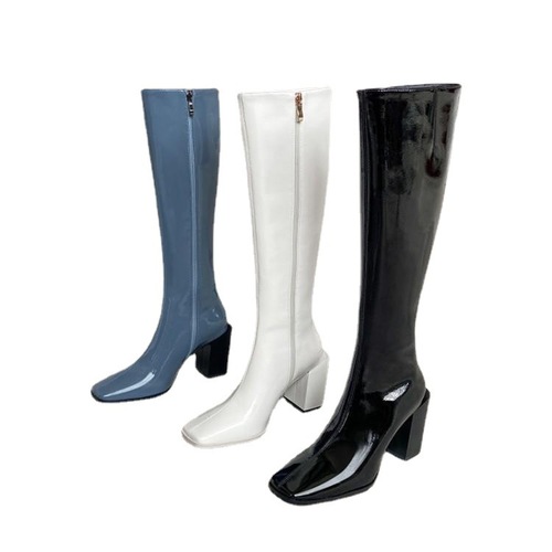 Square-toe High-Heel Boots, European-Style Autumn/Winter Patent Leather Riding Boots with Heels—Above-Knee but Below-Knee Length, Trendy Women's Shoes
