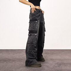 国境を越えたアメリカ街頭のすすジーンズ男の格好いい水洗い黒多ポケット工装ズボン男のゆるいストレートパンツ