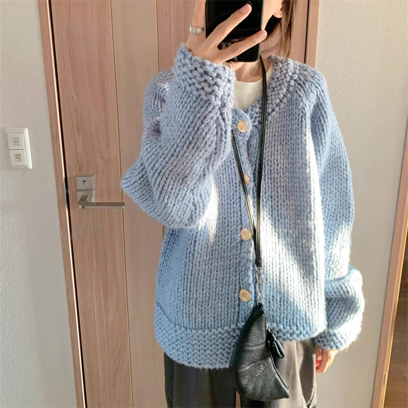 韩系复古圆领针织开衫女秋冬休闲风温柔慵懒气质外穿粗线毛衣外套|undefined
