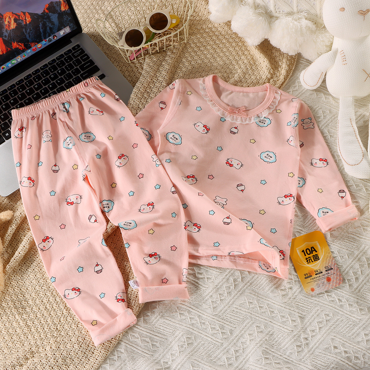 Traje de pijama para niños, ropa de aire acondicionado de dibujos animados para niños y niñas, ropa para el hogar de algodón para bebés, pantalones coreanos de manga larga para niños pequeños y medianos