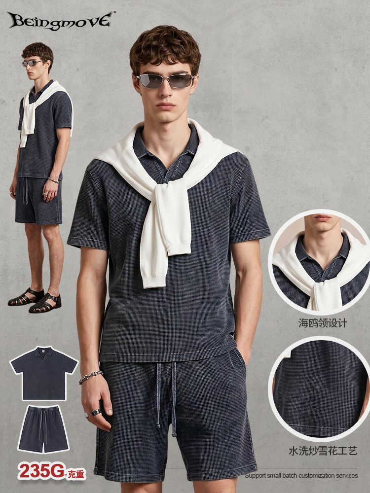 Calle seca de verano marca de moda americana retro lavado agua mangas cortas waffle textura pantalones cortos deportivos casuales para hombre