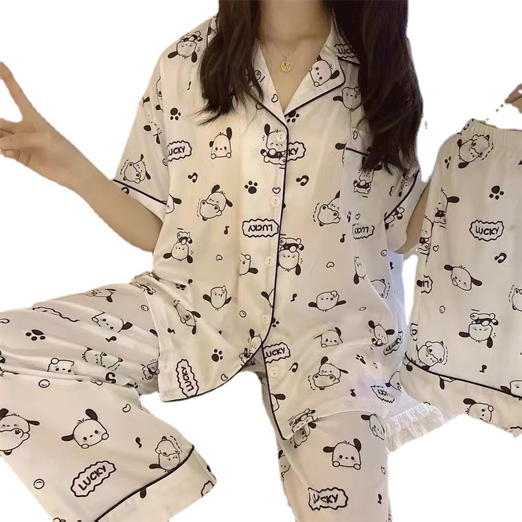 Pijamas de verano de tres piezas de dibujos animados lindos de las mujeres Pacha perro pantalones de manga corta Delgado verano homewear traje ropa exterior