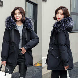 新韩版女冬A版中长棉服网红派克服加绒内大毛领大码收腰中长外套