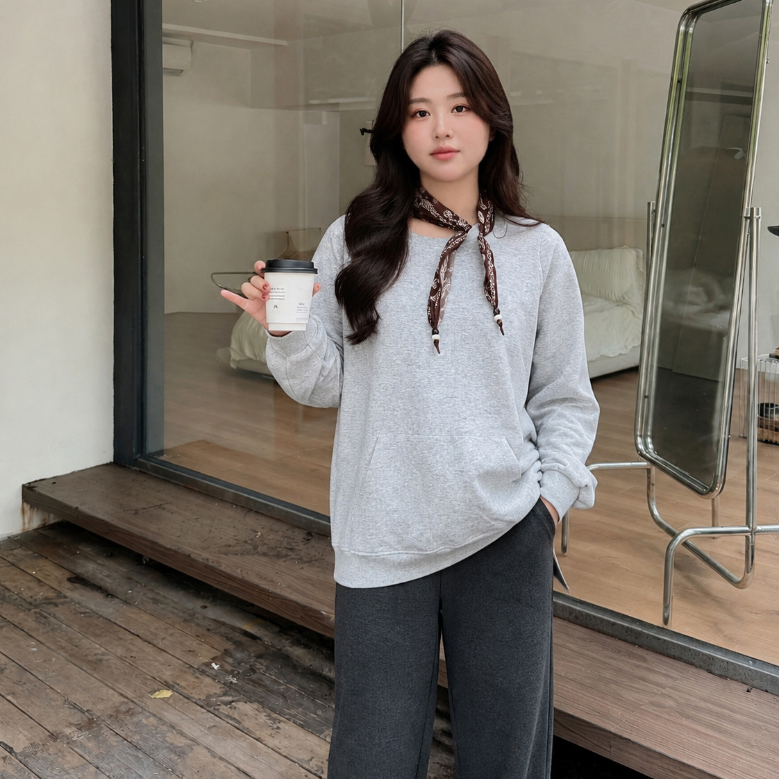 2026 Autumn New Round Neck Sweatshirt for Women, Stylish Scarf, Casual Loose Fit, Versatile Plus Size Top 325346