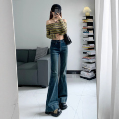 复古高腰微喇牛仔裤女2025春秋季新款修身显瘦马蹄小个子喇叭裤子