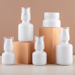 White cosmetic bottle for powder foundation, derma-beauty lotion, cream, with 40/50g, 60/100/120ml dosing bottles