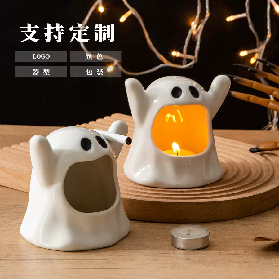 跨境创意烛台陶瓷容器工艺品家用万圣节客厅摆件卡通蜡烛杯高颜值