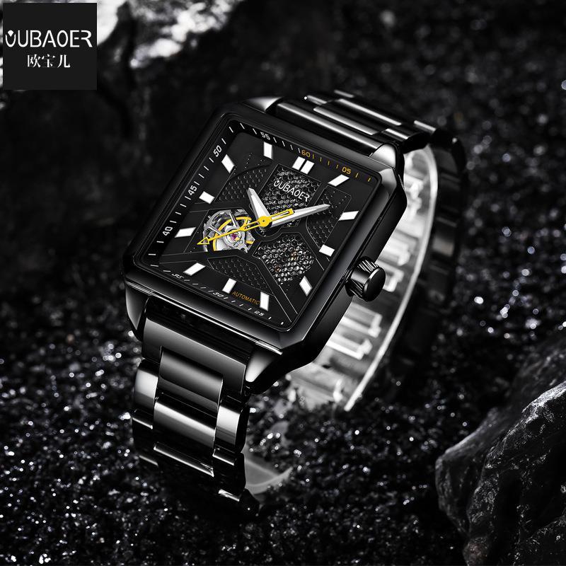Oubaoer reloj mecánico automático reloj de hombre de moda hueco impermeable banda de acero reloj cuadrado 2003A