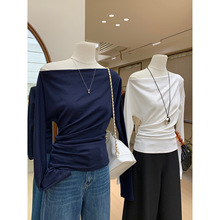 品质高含棉歪领露肩褶皱收腰长袖T恤韩系净版纯欲风修身显瘦上衣