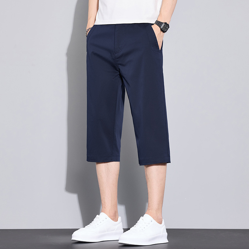 Lyocell Tencel Men's Three-Quarter Shorts Summer Thin Straight-Leg Lightweight Simple Breathable Casual Pants for Business Commuting