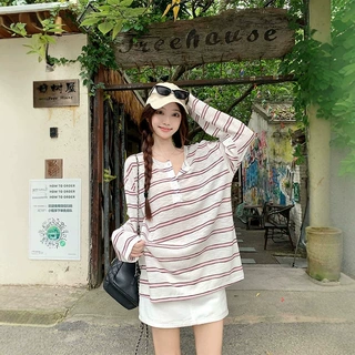 慵懒风条纹长袖韩版防晒T恤女夏秋季气质百搭宽松小众上衣休闲女