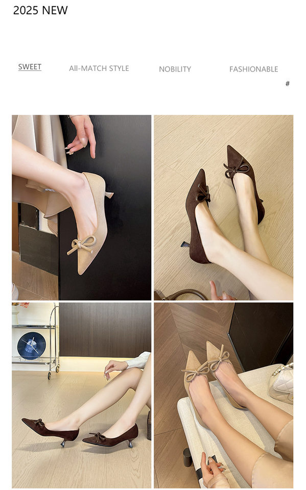 Giày cao gót nữ mũi nhọn gót mảnh thấp cổ điển, thân mềm trang trí nơ, phong cách thanh lịch — màu nâu sô cô la, quần kaki chi tiết 2